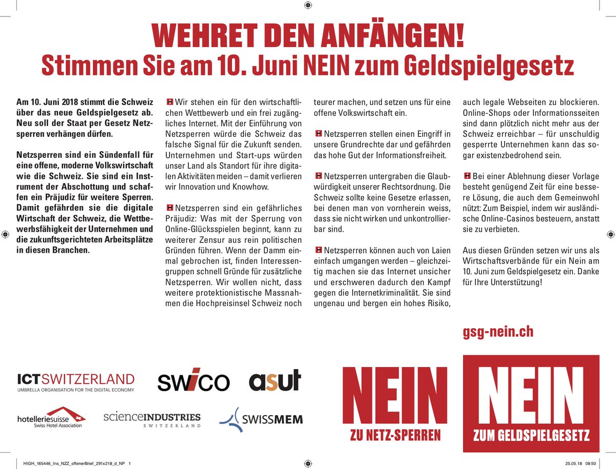 Die Wirtschaftsverbände wehren sich in einem offenen Brief gegen das #Geldspielgesetz. 
Am 10. Juni brauchen wir dein Nein für ein besseres Gesetz, welches die Schweiz nicht digital abschottet. Jede stimme zählt! #GSGnein