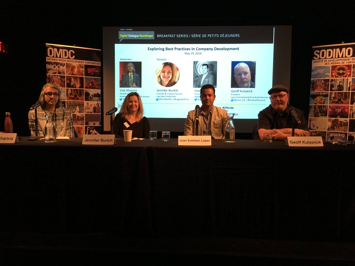 OntarioCreates's tweet photo. Our thanks to @vishkhanna  @JennBurkitt of @LogCabinProd, Geoff Kulawick from @Linus_Ent and Juan Lopez from @pipelinestudios for sharing their valuable time and insights! #ONcreates https://t.co/bwiI5XGtJQ