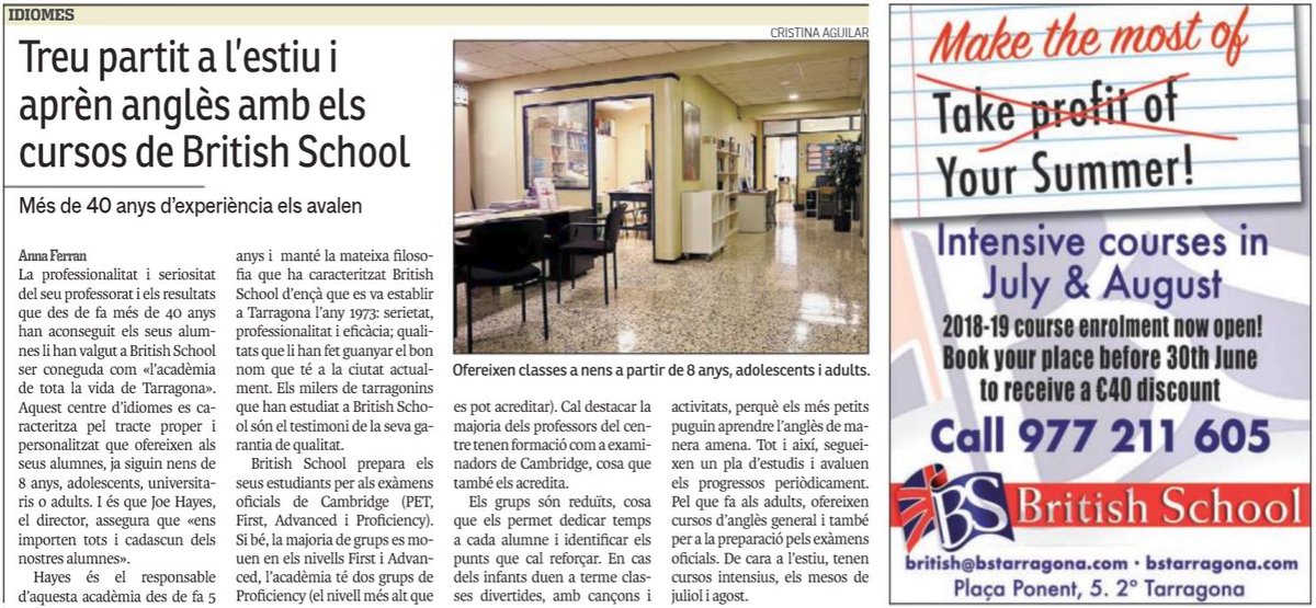 BSTarragona's tweet photo. We're in Més Tarragona today! Call or email to book your place for the 2018/19 course and receive a €40 discount! https://t.co/3u1bknr5C9