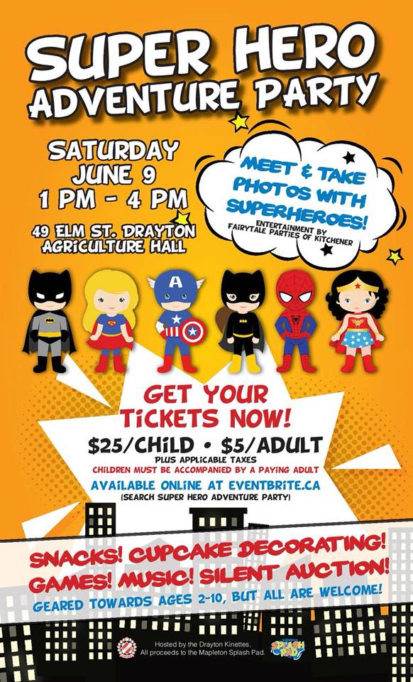 Calling all Super Heroes! This is an event you won't want to miss: games, silent auction, food, and SUPER HEROES! See link for ticket details facebook.com/events/3839852… 
#mymapleton #drayton #community #kinettes #splashpad #superhero #supportlocal #getyourtickets