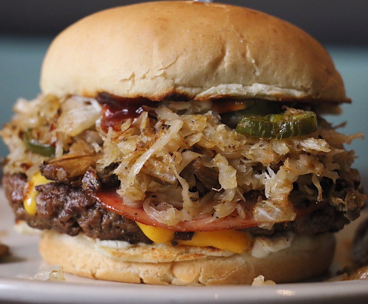TornadosGrub's tweet photo. The CrAzY BUrGeR!                                                                     Served with Jalapeños, Onions, Mushrooms, Sauerkraut, (All Grilled) and much much more! Come in and have one of our favorite burgers! https://t.co/oMaYxlwgN3