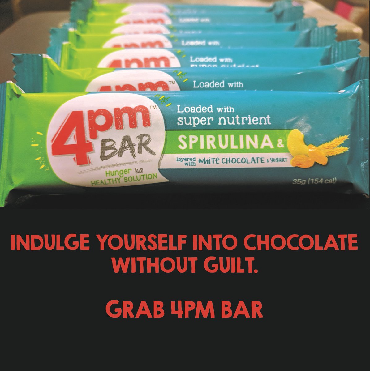 Grab it-Taste it-Love it. Feed your imagination with 4pm bar having all essential nutrients loaded with Spirulina!! 
#4pmbar #comingsoon #healthy #nutrition #hunger #chewthenew #spirulina #energybar #snackbar #healthysnack #balanceddiet #nutrition

4pmbar.com
