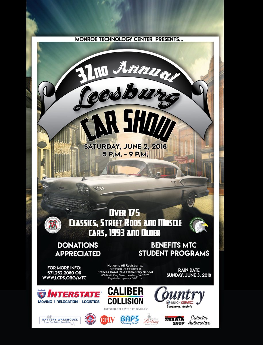 MonroeTechLCPS's tweet image. The countdown to Leesburg&apos;s best summer event begins! Join us this Saturday, June 2, 5-9pm, in downtown Leesburg for the 32nd Annual Classic Car Show! Its not to late to enter your car in the show.  Registration begins at 2:30pm at Frances Hazel Reid Elementary.  @TimothyJFlynn