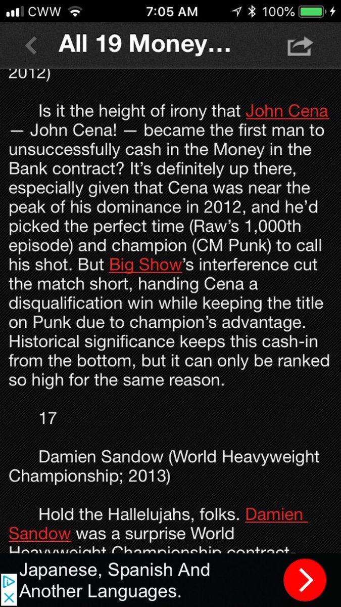 CaleblynnElder's tweet image. On the wwe app they talked about he shall not be named (cm Punk) in the 19 best money in the bank cash ins from RAW 1000 when (punk) turned heel #bringpunkback