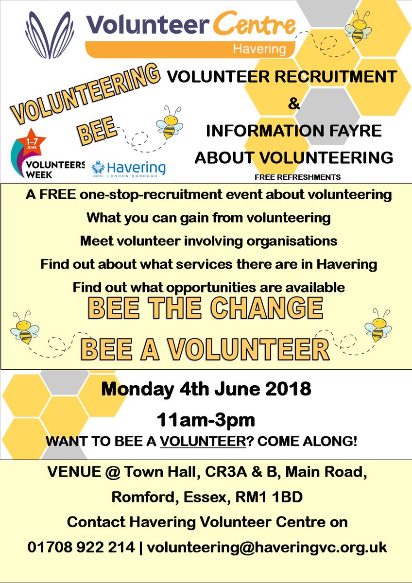 TheHICC's tweet photo. The @havering_vc has a volunteering recruitment event next Monday. We recommend attending for anybody interested in volunteering in Havering!! #GreatPeople #Charity https://t.co/zRK9ZF707G