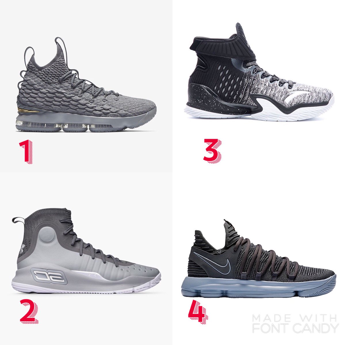 deaspec's tweet image. NBA Play-Off Shoe Battle - Who Wins?
1: LeBron 15
2: Anta KT3
3: Curry 4
4: KD X