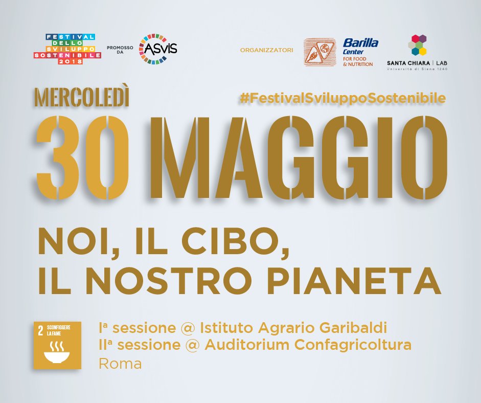 ASviSItalia's tweet photo. Noi, il cibo e il pianeta: come nutrire in maniera sostenibile una popolazione sempre crescente? Se ne parla domani #30maggio a Roma all'evento nazionale #FestivalSviluppoSostenibile sul #Goal2 organizzato @MiurSocial, @unisiena e @BarillaCFN. https://t.co/Hus3d1tJwD https://t.co/28k5cU67YH
