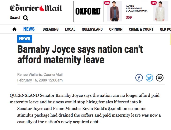 From 2009: Barnaby Joyce says nation can't afford maternity leave couriermail.com.au/news/national/… #AusPol