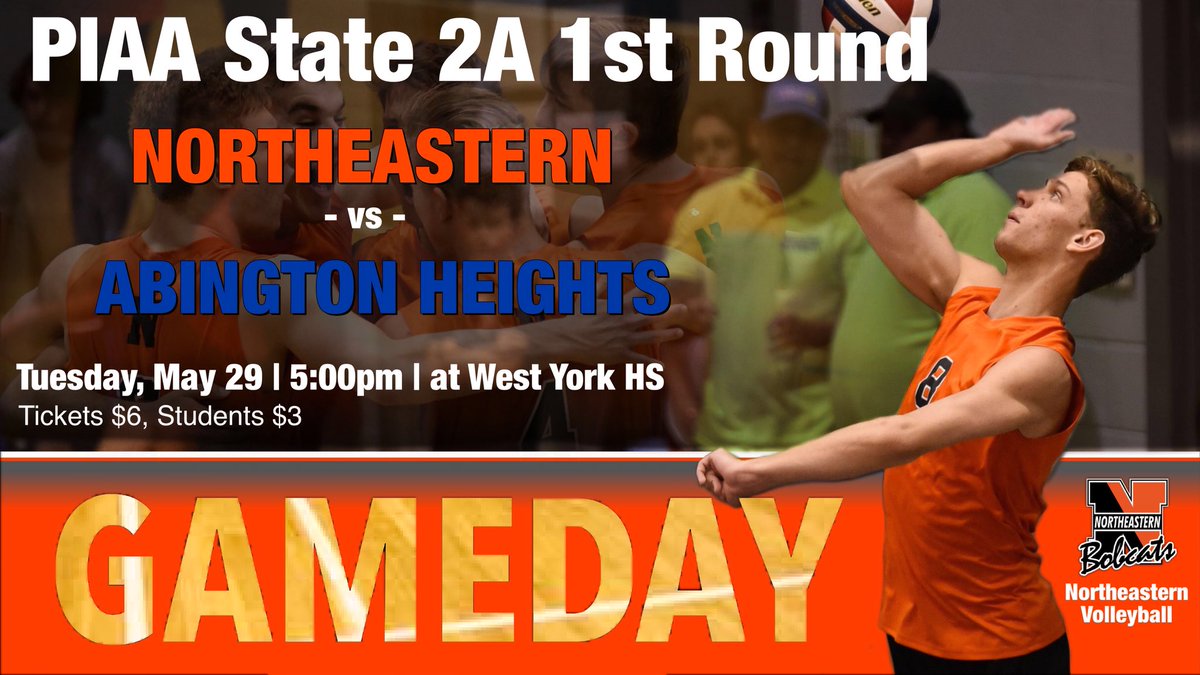 Volleyball GAMEDAY <a href="/NESD/">Northeastern Bobcats</a> vs Abington Heights
5pm at West York HS, Doors open 4pm
<a href="/BrillhartCole/">Cole Brillhart</a> <a href="/jchev14/">Jacob</a> <a href="/j_eisenhart00/">Jaco</a> <a href="/eyster_nate/">Nate</a> <a href="/alexcfinch7/">finch</a> <a href="/Jaredfurst/">Jared Furst</a> <a href="/jlemen25/">Jay Lemen</a> <a href="/Wyatt22Gdub/">Hudges</a> <a href="/austintrichard1/">Austin Richards</a> <a href="/Trip__Williams/">Kyle Williams</a> <a href="/MtnDrew817/">D Willy</a> @ndotwilson <a href="/robbywolfgang16/">Robby</a> @rwolfgang3 <a href="/jarentz4/">Jodi Arentz</a>