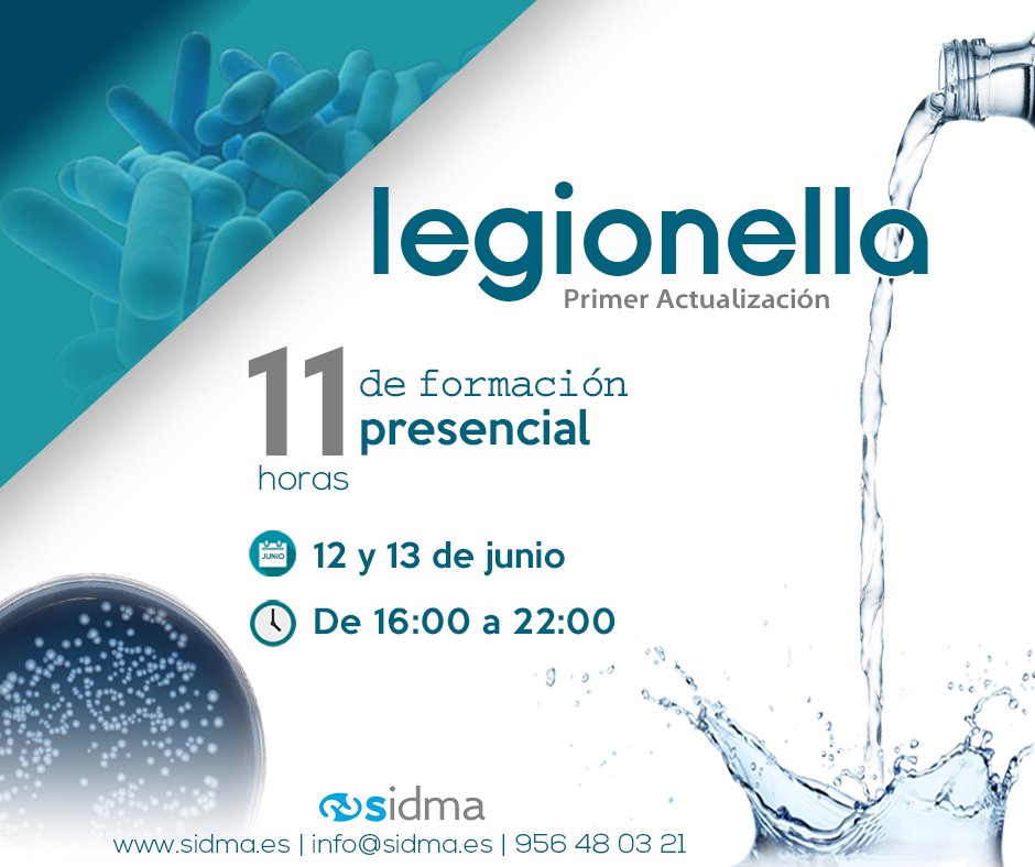 Sidma_es's tweet photo. Ya tenemos listas las convocatorias de Legionella para el mes de Junio.
Curso de Legionella inicial del 4 al 7 de junio.
Curso de Primera Renovación de Legionella los días 12 y 13 de junio.
#Legionella #ControldelaLegionella #CursoInicial #Renovación #Formación https://t.co/DkOphfxLU7
