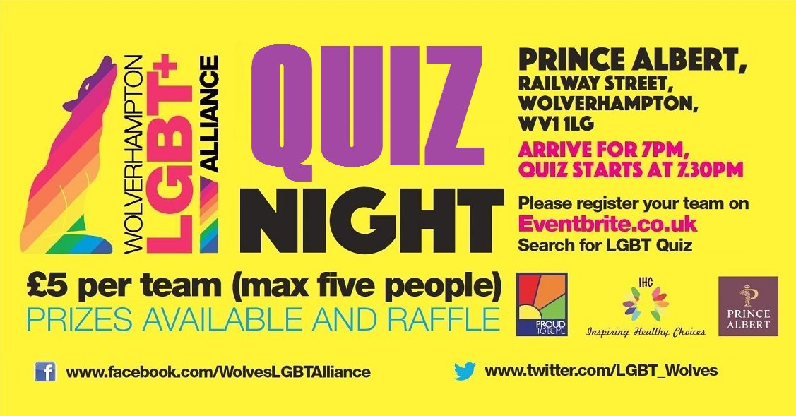 Our next quiz night takes place on Thurs 7th June at The Prince Albert at 7pm. Hosted by Inspiring Healthy Choices CIC and <a href="/PTBMatWH/">Proud to be Me</a> it's sure to be another great night. Register on eventbrite. ^BH eventbrite.co.uk/o/wolverhampto…