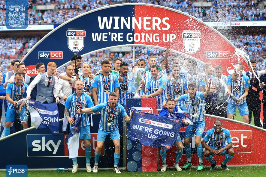 Coventry_City's tweet photo. NEWS: Open top bus parade and Civic Reception on Wednesday evening for the Sky Blues promotion winning side!

Details of the route here ➡️ https://t.co/kxGCSZ245M #PUSB https://t.co/VYciKkctLR