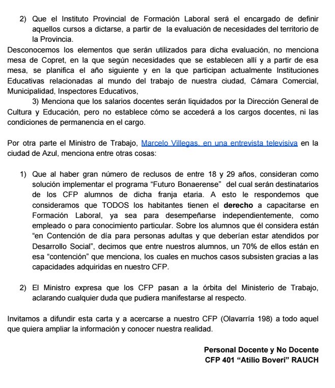 AIzquierdoRauch's tweet photo. #RAUCH Carta abierta del personal docente y no docente del @Cfp401rauch No al Traspaso @elvitakehler @GarraldaJose @gzinny @MEVillegasOk @mariuvidal @maxisuescun @mhsayavedra @gamaestri @majoarano @BozzanoGervasio @claseunicabis @lucre_herreria @AndrsFiorentino @RadioEichRauch https://t.co/qZkmtg11rP