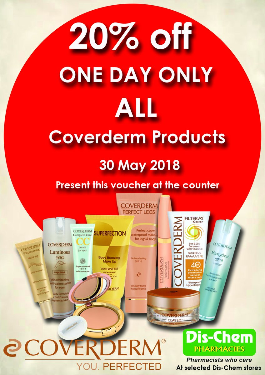 MenlynSA's tweet photo. Get 20% off @Dischem @MenlynSA
One day only on all #Coverderm products.
30 May 2018
Present this voucher at the counter https://t.co/zqFcOvGE8g