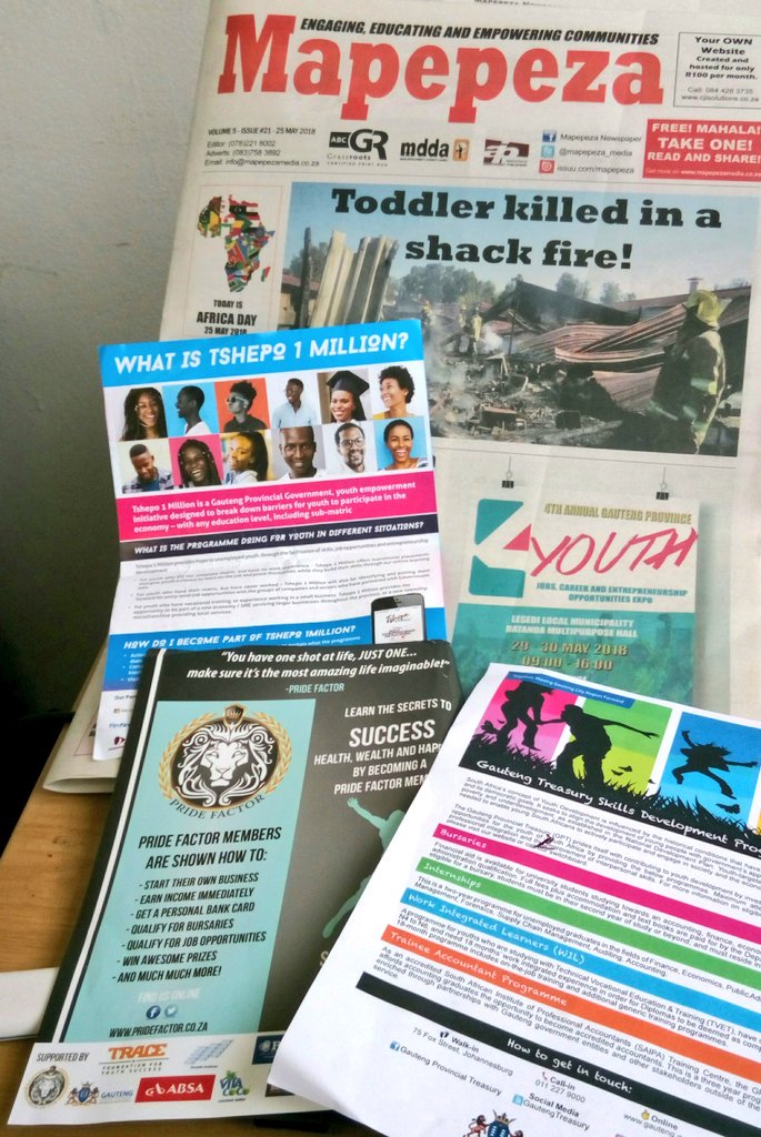 Some of the informative and useful material from the #MiniYouthExpo18 #MiniYouthExpo2018 #GautengYouthExpo today and tomorrow at the Ratanda Multipurpose Hall.
