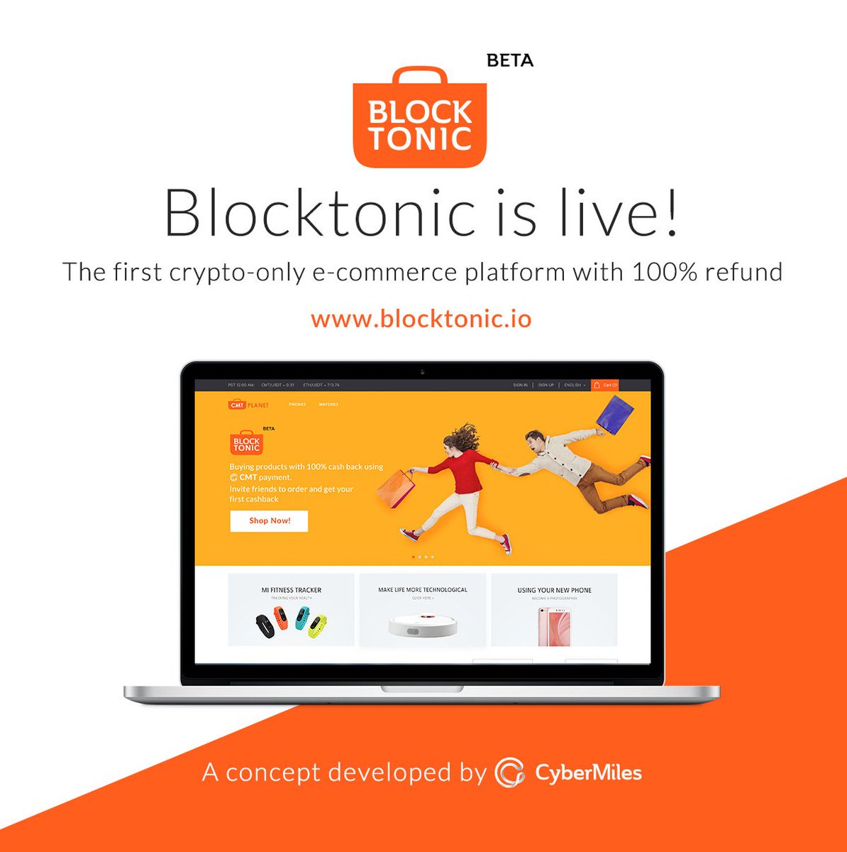 Blocktonic_CMT's tweet photo. Blocktonic is the first crypto-only ($CMT) e-commerce site that rebates 100% of the purchase price, based on the ETH/CMT spot price at the time of the purchase. We only accept $CMT as the payment method. https://t.co/FydzFGsFF7