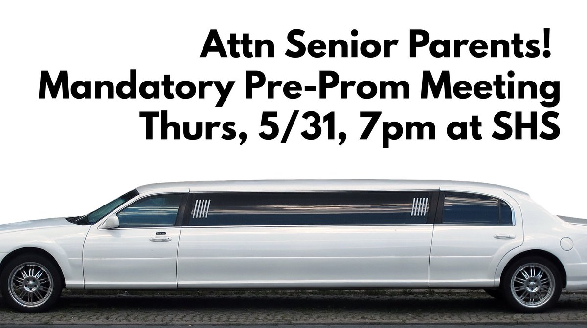 Senior parents! Please join us for a mandatory pre-prom meeting this Thursday at 7pm!