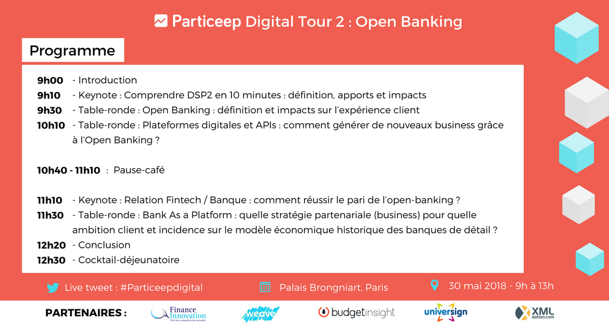 weaveconseil's tweet photo. [J-1] rendez-vous demain sur Twitter pour suivre le #Particeepdigital Tour sur l'#OpenBanking , avec la table-ronde animée par @Laurent_HELLE , associé #Banque : "Bank As a Platform : Quelle stratégie partenariale pour quelle ambition client ?" https://t.co/igbaYX0Abm #API https://t.co/KI52UQVWIj
