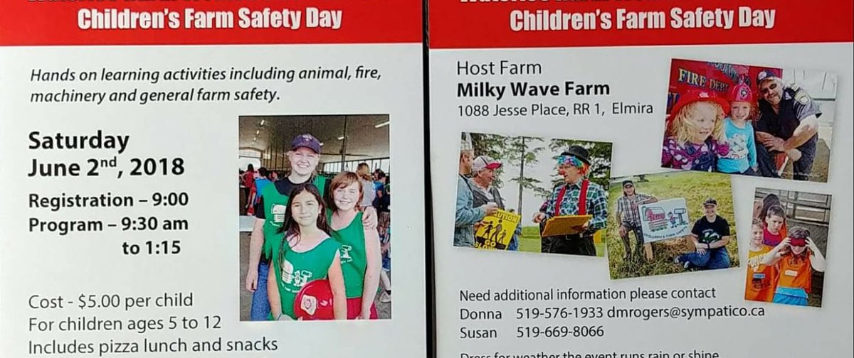 Children's #FarmSafety Day ( Ages 5-12) this Saturday June 2 at Milky Wave Farms in Floradale.  A Great day of learning about fire, bike and animal safety.  Call 519-576-1933 to Register.

@OntAg #ontag #cdnag #SafetyFirst #WaterlooRuralWomen #farmsafetyday