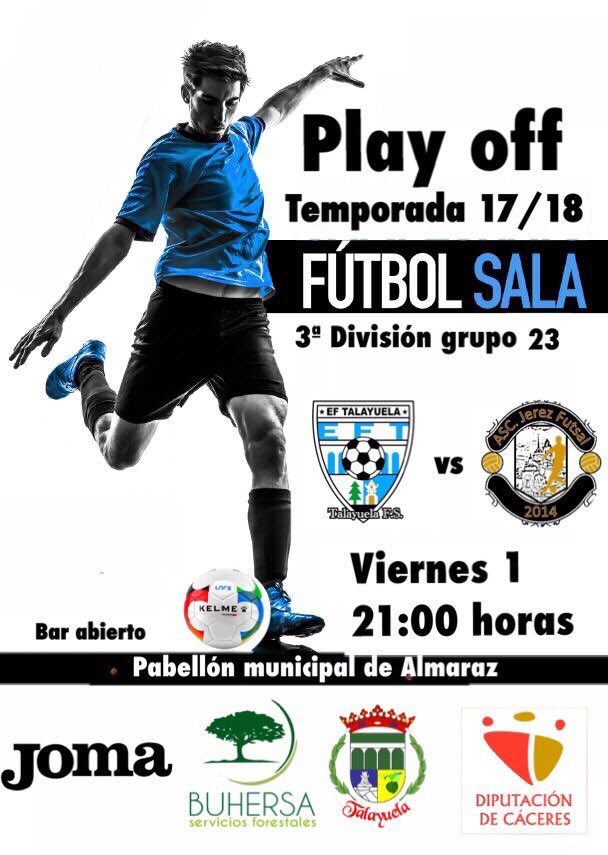 💥PLAY OFF💥

No pudimos entrar en un puesto de los play off, pero podremos disfrutar de ellos en nuestro pabellón.

📆Viernes 1 de Junio

⏰21:00

⚽️<a href="/talayuelafs/">Buhersa Talayuela FS</a> vs <a href="/JerezFutsal/">JEREZ FUTSAL</a> 

Auténtico partidazo del que podremos disfrutar en Almaraz.
