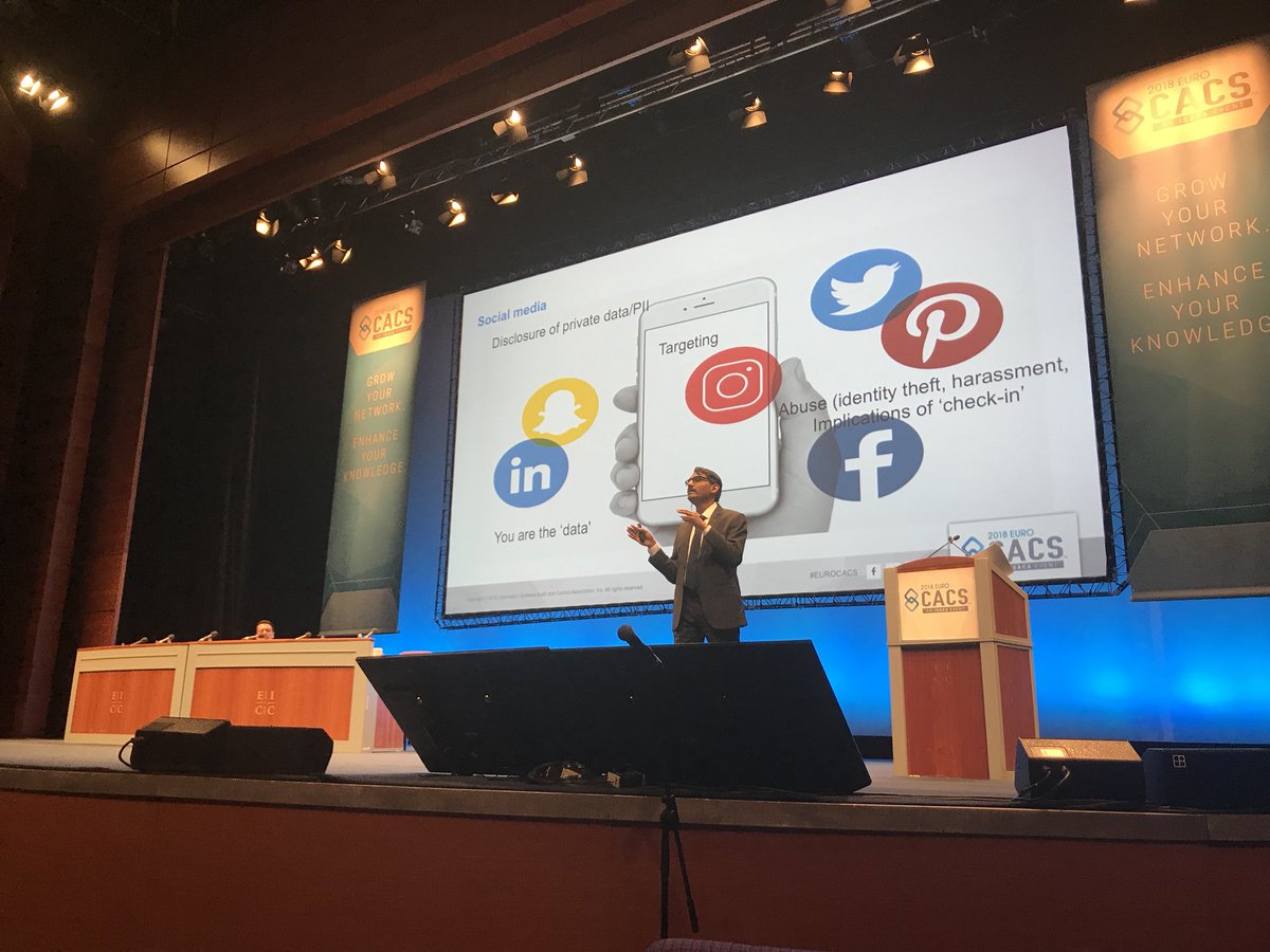ISACAMedia's tweet photo. “Antisocial media” and the “Internet of Trouble” all pose privacy challenges and the potential for collateral damage, says @iyeraghu. #EuroCACS https://t.co/8f00LCQ5ab