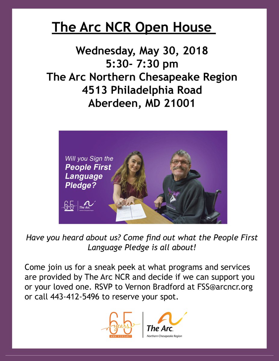 TheArcNCR's tweet image. Have you heard about us, but want to learn more? The Arc NCR has been providing services for 65 years here in Harford County! Please consider coming to our Open House tomorrow on Wednesday, May 30, 2018 from 5:30-7:30 pm to learn more.  #ArcNCR65 #OpenHouse #DifferingAbilities