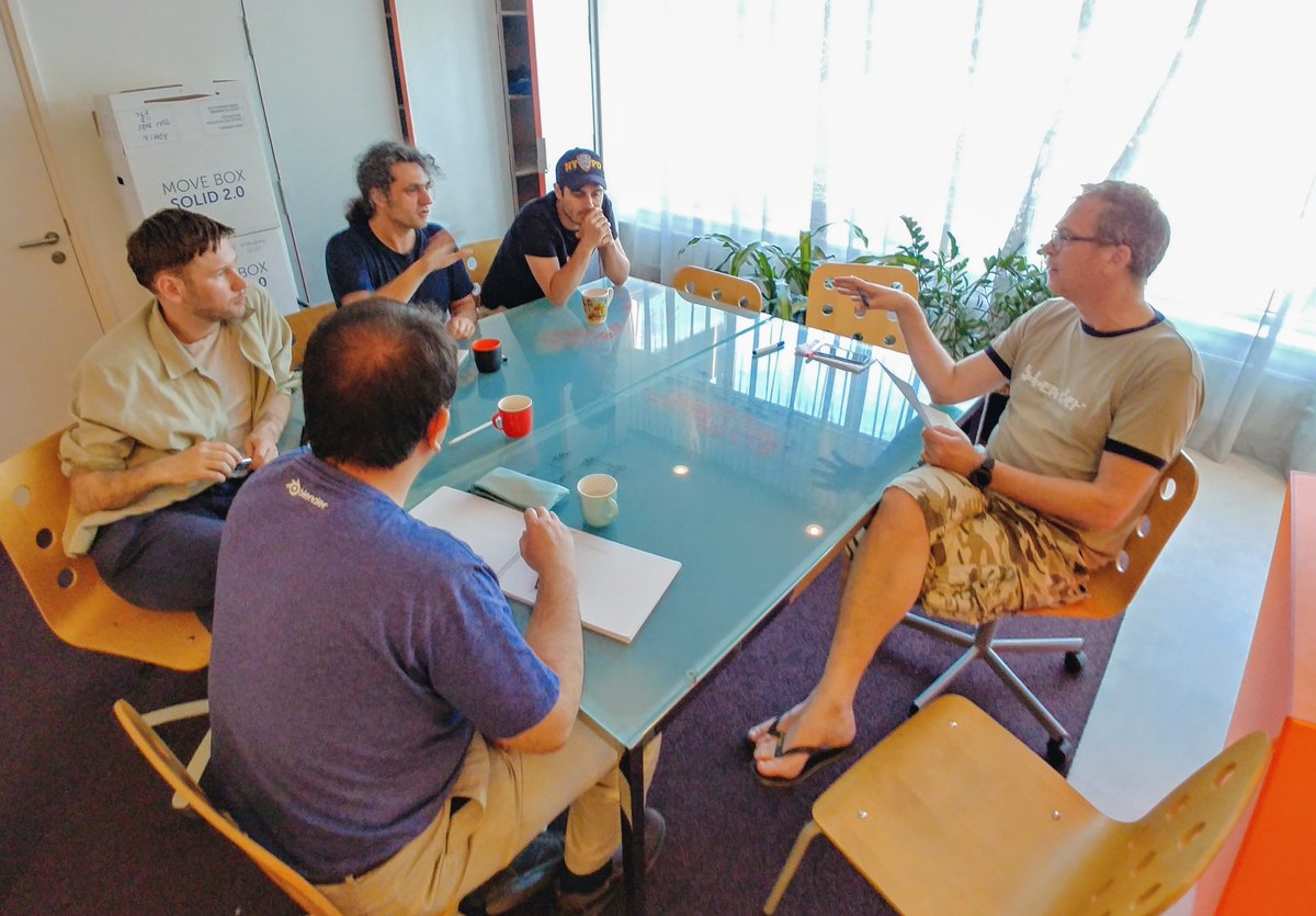 BlenderDev's tweet image. Meeting about the future of animation in Blender with Ton, Joshua Leung, Bassam Kurdali, Hjalti Hjalmarsson and William Reynish. #b3d #codequest #animation2020