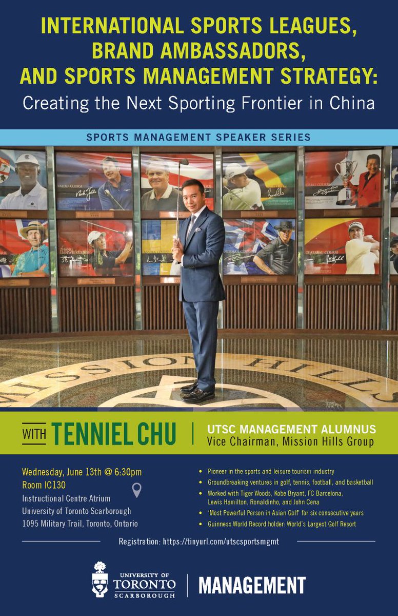 utscmgmt's tweet photo. On June 13th, join us for the launch of the Sports Management Speaker Series with UTSC graduate Tenniel Chu, Vice Chairman of Mission Hills Group.
RSVP today: https://t.co/VxRozwAV1q
#utsc #utscmanagement #utscalumni #BBAgraduate #sportsmanagementspeakerseries #experiencetolead https://t.co/G4gvYOdGgZ
