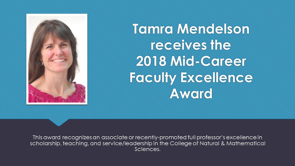 Congratulations, @tamram, for receiving the 2018 Mid-Career Faculty Excellence Award in <a href="/UMBCCNMS/">UMBC CNMS</a>. Dr. Mendelson was honored at the CNMS Awards in May.