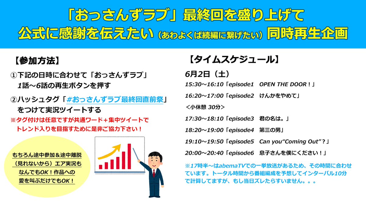 まんせい 拡散希望 おっさんずラブ 最終回を最大限盛り上げるべく 最終回放送日6 2 土 にみんな各々1話 6話を再生して おっさんずラブ最終回直前祭 としてtwitter上で実況ツイートしませんか 参加方法は時間に合わせて再生ボタンを押して