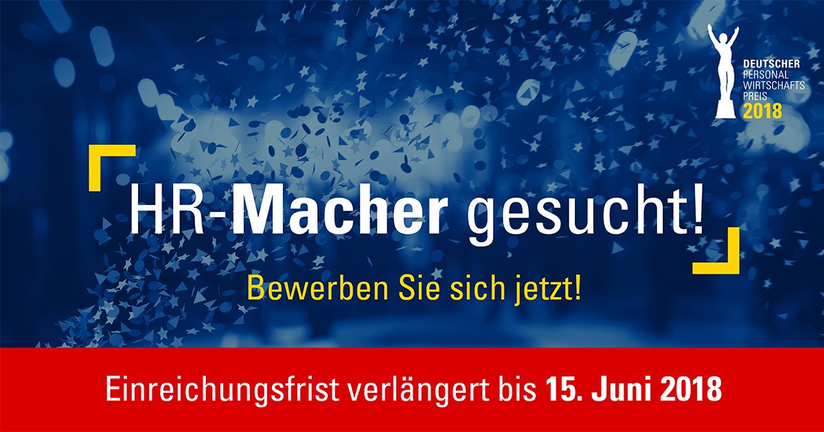 ZP_Universe's tweet photo. Die Einreichungsfrist für den Deutschen Personalwirtschaftspreis ist bis zum 15. Juni 2018 verlängert worden!
Nutzen Sie die Chance und bewerben Sie sich jetzt online mit Ihrem innovativen #HR-Projekt. Wir sind gespannt auf Ihre Bewerbung! #DPP18 https://t.co/WEG1jp1Aeo https://t.co/Bsa4l7p8eF