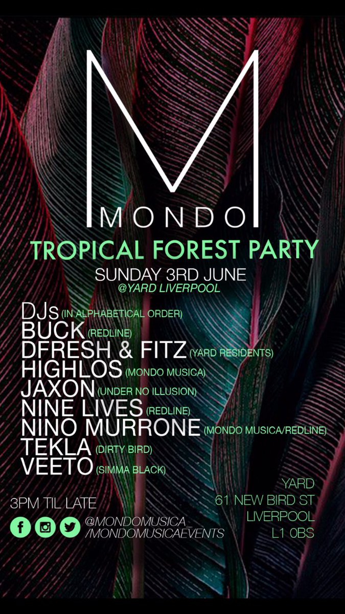 THIS SUNDAY...

<a href="/mondomusica__/">Mondo</a>
<a href="/yardliverpool/">YARD</a>

Sunday 3rd June
3pm - late

DJs (In alphabetical order)

@itsbuckmusic
<a href="/highlos_/">Highlos</a>
<a href="/SoundsofJaxon/">Jaxon</a>
<a href="/Nin9Lives_/">Nine Lives</a>
<a href="/NinoMurrone/">Nino Murrone</a>
@TEKLATRAX
<a href="/Veeto_Music/">Veeto</a>

Tickets 👇
bit.ly/2GjwJJV

#Techno #TechHouse #Liverpool