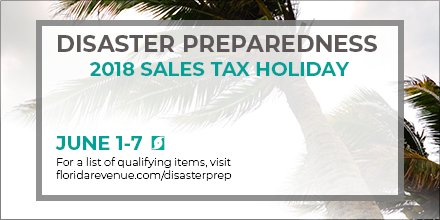 MargaretSteiner's tweet image. The 2018 Florida Disaster Preparedness Sales Tax Holiday happens from June 1st through June 7th.

floridarevenue.com/disasterprep

This is a great time to stock up on qualifying disaster preparedness supplies exempt from tax.