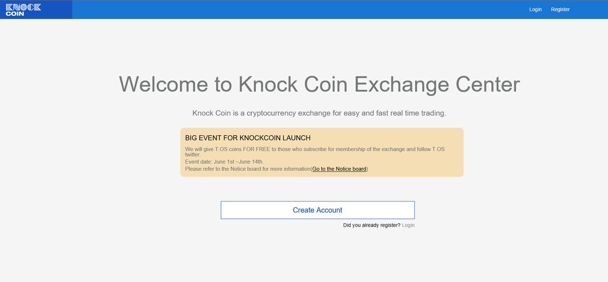 the first cryptocurrency exchange for T.OS payment system, 'knockcoin' 
the opening event begins from 1st June.
come and join 'knockcoin'
knockcoin.io

#knockcoin #tos #cryptocurrency #exchange #opening #event #forfree #freeairdrop