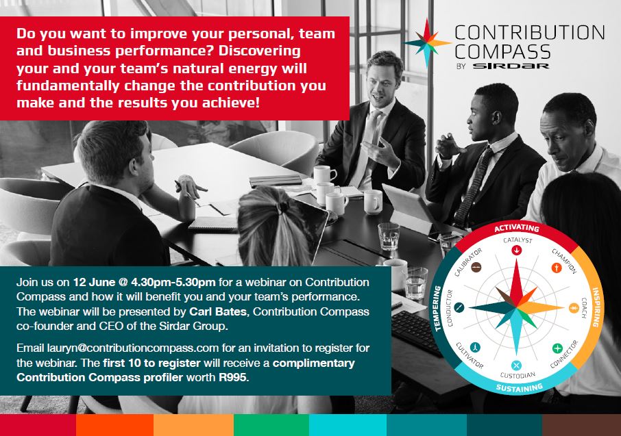 Maximise you and your team's contribution.
Email lauryn@contributioncompass.com for an invitation to register for this webinar. The first 10 to register will receive a complimentary Contribution Compass profiler worth R995.
#contributioncompass #maximisereturn #teamwork https://t.co/14JCwnBNhh