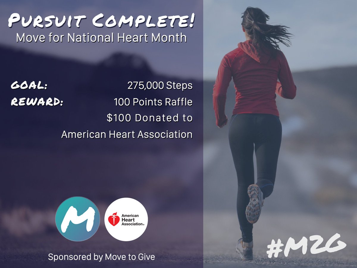 MoveToGive's tweet photo. WE DID IT! #thankyou to all the finishers that completed the @American_Heart #pursuit. Your efforts have resulted in a #donation for heart research and a #reward for you!
#movetogive #movewithpurpose #M2G #charity #heartchat #wearred #hearttoheart #givingtuesday #run #walk https://t.co/JEnYhS4c1N