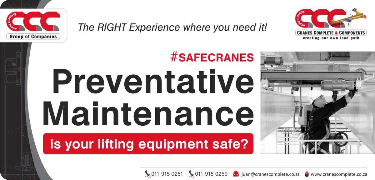CranesComplete's tweet photo. ARE YOUR CRANES SAFE?
Preventative maintenance reduces downtime and repair costs.
We have a team of skilled technicians on call 24/7/365
ph. 011 915 0251 &amp; 011 915 0259
#cranescomplete #CCCGroup #maintenance #Cranes #Hoist #safecranes #cirobertson #TaigeisDigital https://t.co/C1nzmPRxsI
