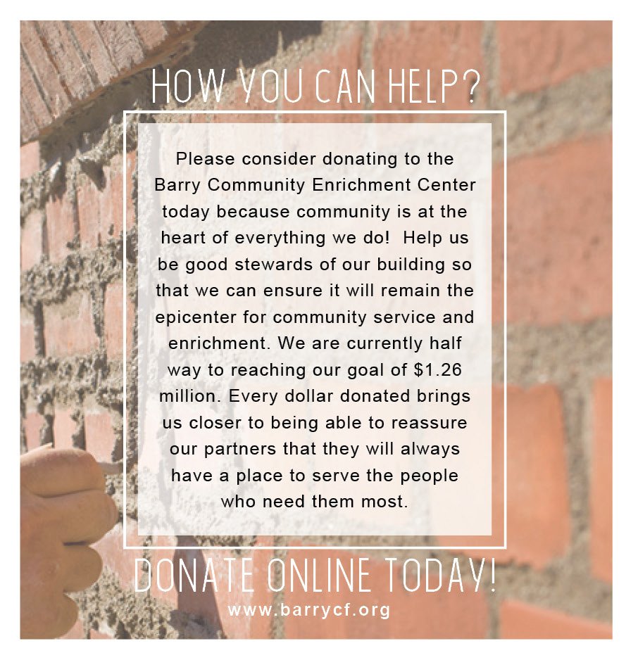 ForBarryCounty's tweet photo. Join our endowment building campaign by donating today! You can mail a check made out to the Barry Community Enrichment Center to 231 S Broadway in Hastings, OR you can give online at https://t.co/mcBf7m4DAc! 
Thank you for your continued support! https://t.co/4JlCdfAmCA