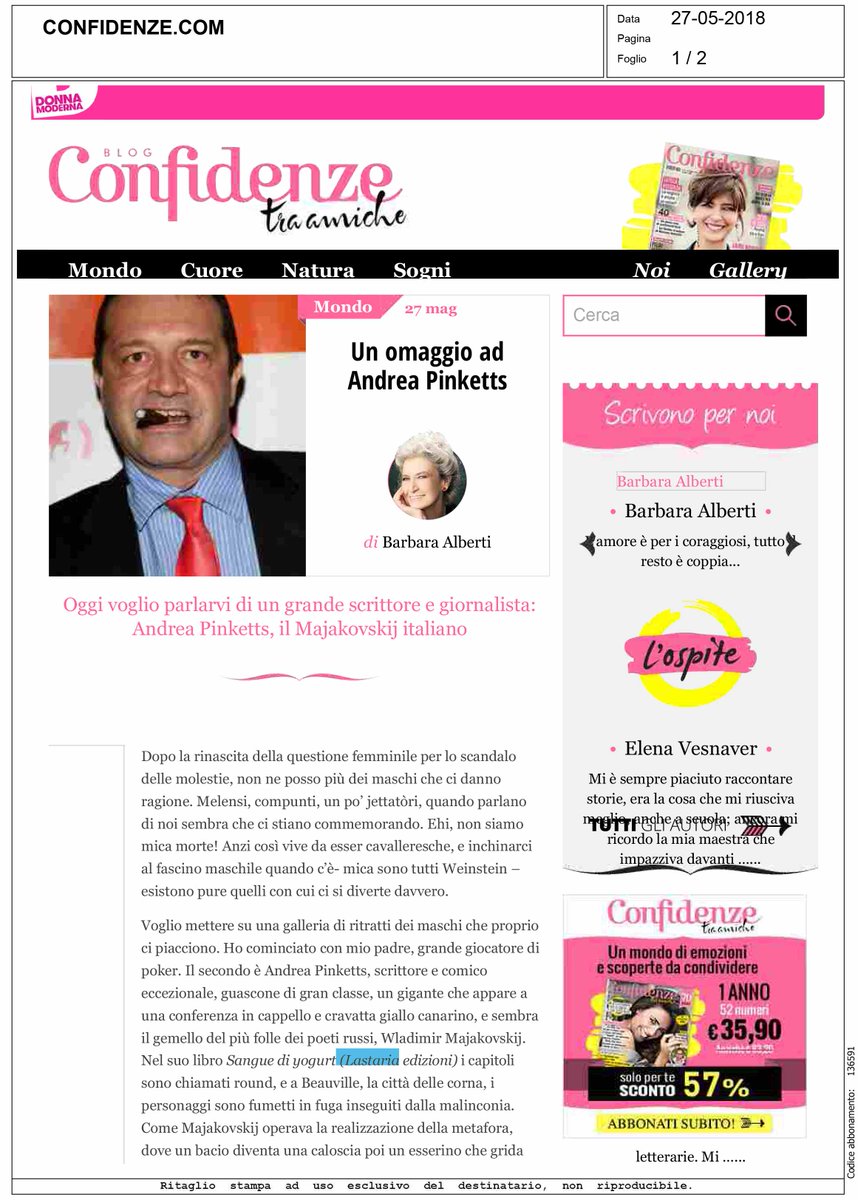 APinketts's tweet photo. di Barbara Alberti
Oggi voglio parlarvi di un grande scrittore e giornalista: Andrea Pinketts, il Majakovskij italiano
https://t.co/TBCJb9EJxP https://t.co/yFrt5fb4vn