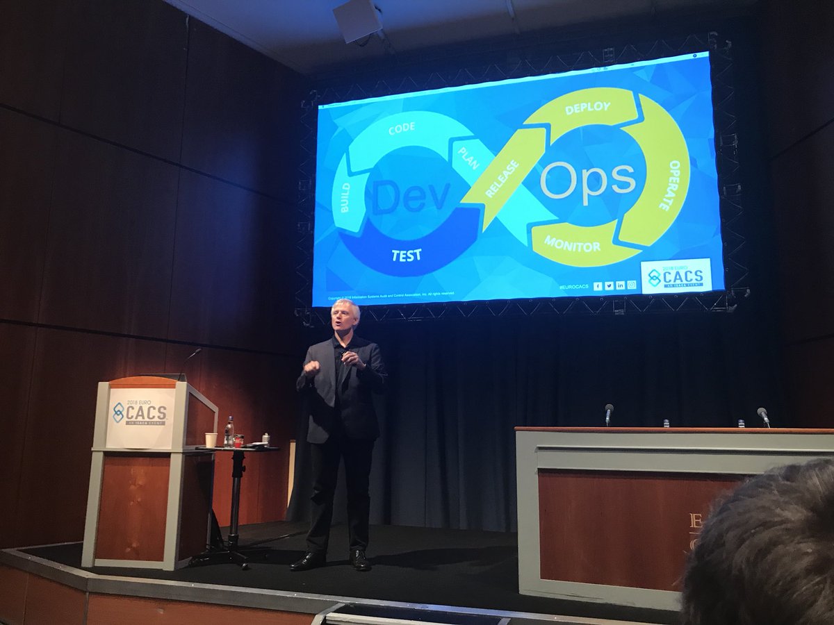 ISACAMedia's tweet photo. .@RobertEStroud providing guidance on DevSecOps but offers a bit of side advice: Don’t develop code if sitting near him on an airplane. He will be watching and just may have some thoughts. #EuroCACS https://t.co/CpHgyatqJ2