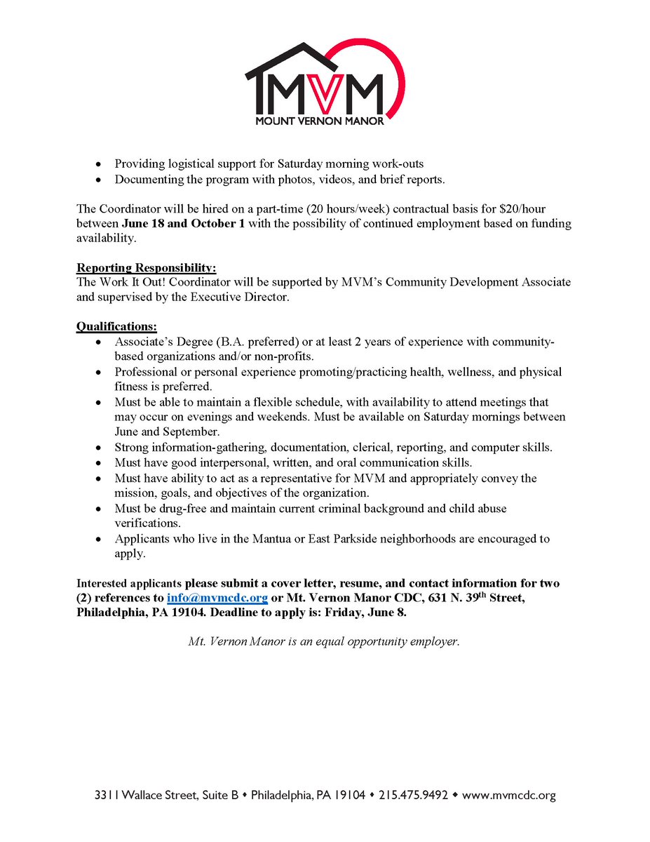 MVM is hiring! We are seeking a PT Coordinator for our newest program: "Work It Out! On the Mantua Greenway"! Please help us spread the word :)