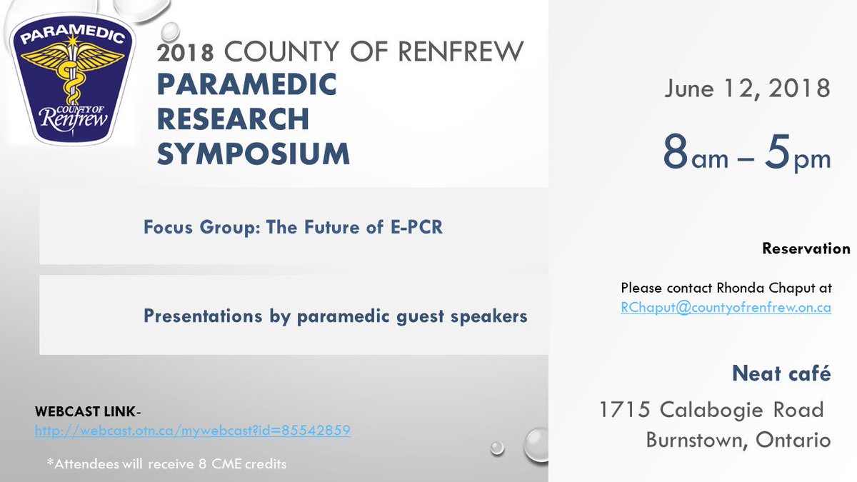 County of Renfrew Paramedic research symposium will be on webcast with the link below webcast.otn.ca/mywebcast?id=8…
<a href="/OntParamedic/">OntarioParamedic.ca</a> <a href="/ChiefMNolan/">ChiefMNolan</a> 
<a href="/jdheffern/">jdheffern</a>