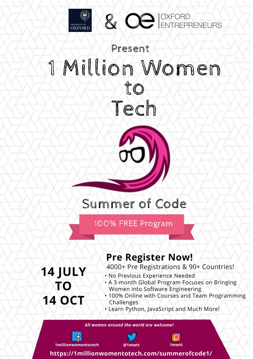 1mwtt's tweet image. Women of the World: Do you want to #LearnToCode for Free? Win hackathons? Join 7,500+ women from 100+ countries for the #1mwtt #SummerOfCode online from July 14 - Oct 14. All skill levels, all ages, all countries! 😍Pre-Register😍 today 👇👇👇 1millionwomentotech.com/summerofcode1/ and share!