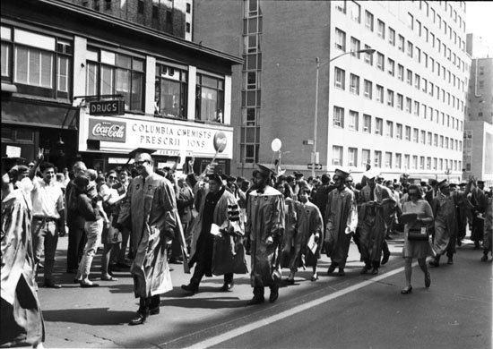 1968CU's tweet photo. Graduates marching down Amsterdam Avenue to counter commencement on Low Plaza. #CU1968 https://t.co/S7PkG4xH27