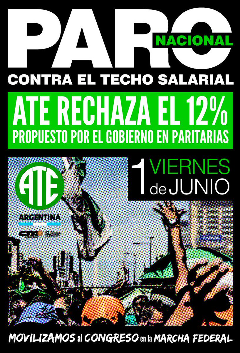 ATE_JUSTICIA's tweet photo. 1° de Junio. Marcha Federal y Paro. ATE rechaza paritaria del 12% propuesto por el gobierno.  https://t.co/0k5Ky1w804 https://t.co/Vv4X9da9Gj