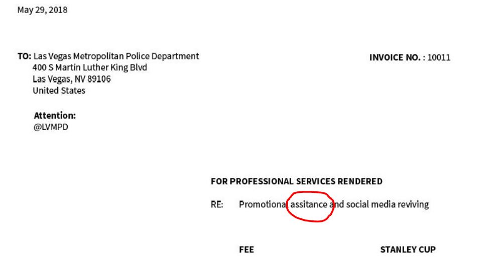 LVMPD's tweet image. whoa whoa whoa….take it easy.  instead of charging us, let’s trade services. for example, you can use our spellcheck on all your outgoing invoices.  🙄 
#thinblueline #lvmpdvsdcpd 
#welcometoimpossible #StanleyCup #stanleycupfinal 
#goknightsgo #vgkvswsh #VegasBorn 
#nocaps