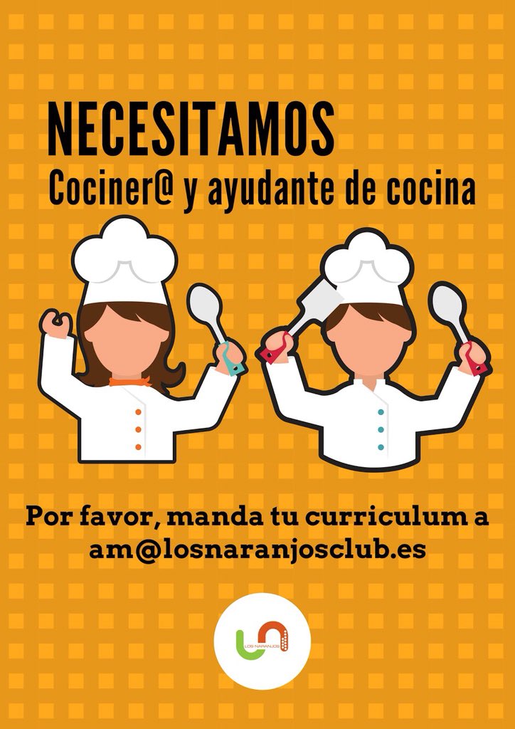 NaranjosClub's tweet photo. Necesitamos cociner@ y ayudante de cocina para este verano. ¿Nos ayudas compartiendo esta publicación? ¡Gracias!🙏🏽 #Marbella #empleo https://t.co/JF57Bix20Z
