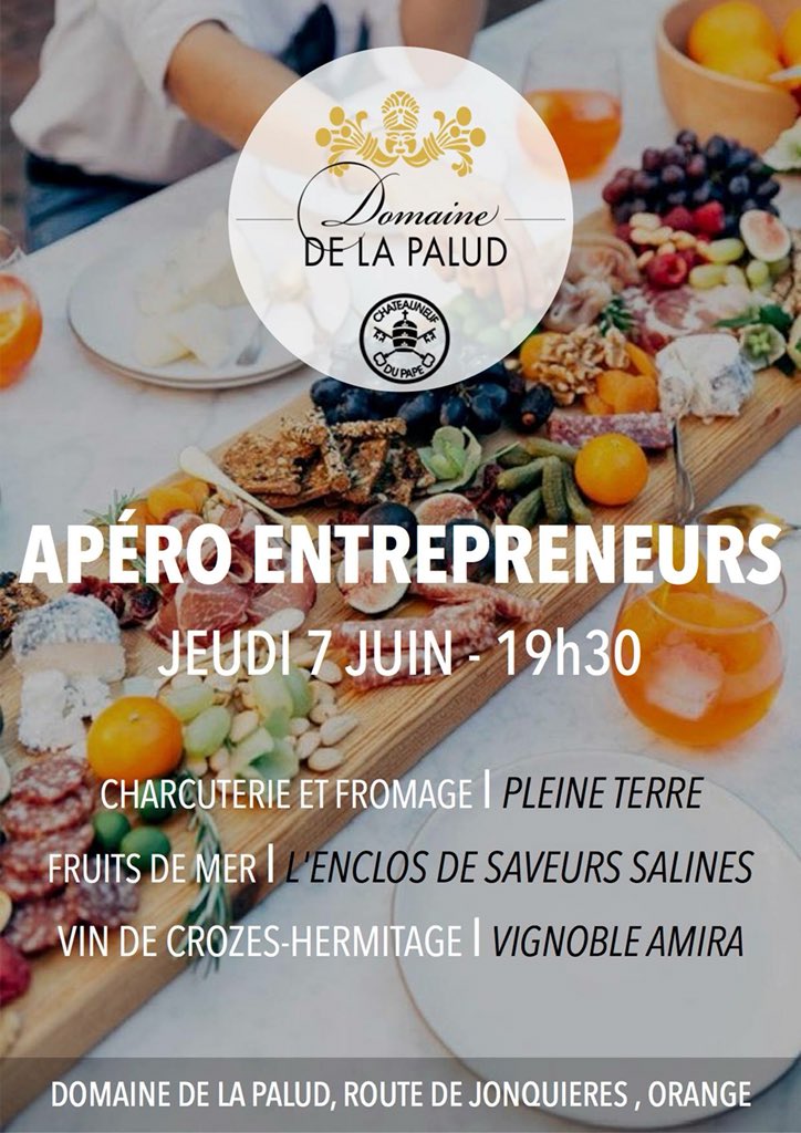 dom_delapalud's tweet photo. #Entrepreneurs, nous vous invitons au Domaine de La Palud, 🍷 le jeudi 7 juin, à partir de 19h30! 🧀🥓#AperoEntrepreneurs #DomainedeLaPalud #vin #fromage #charcuterie #Orange #Vaucluse #SortirAOrange https://t.co/OrcRzOz3Fc