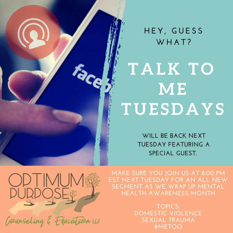 OptimumPurpose's tweet image. Don’t fret about missing tonight’s #TalkToMeTuesday! Well be back next week at 8pm 🕗 to wrap up #MentalHealthAwarenessMonth with a special guest. Mark your calendars 🗓 so you won’t miss out on this awesome discussion!