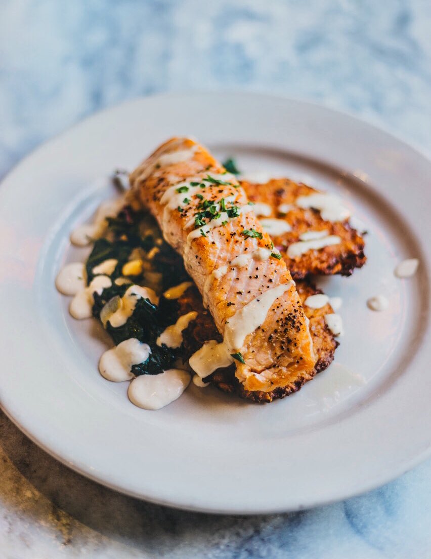 New dinner menu is live! Roasted salmon, celery root latkes, sautéed swiss chard, horseradish cream sauce #rva #itsyiddishfordelicious